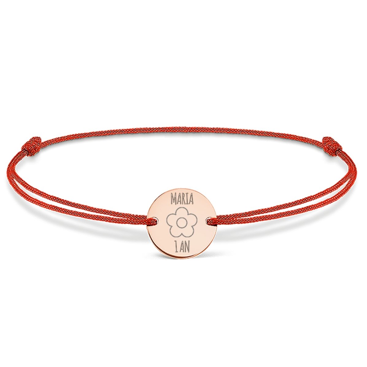 Gepersonaliseerde armband met koord - muntje 14 mm - 925 zilver - bloemetje-motief