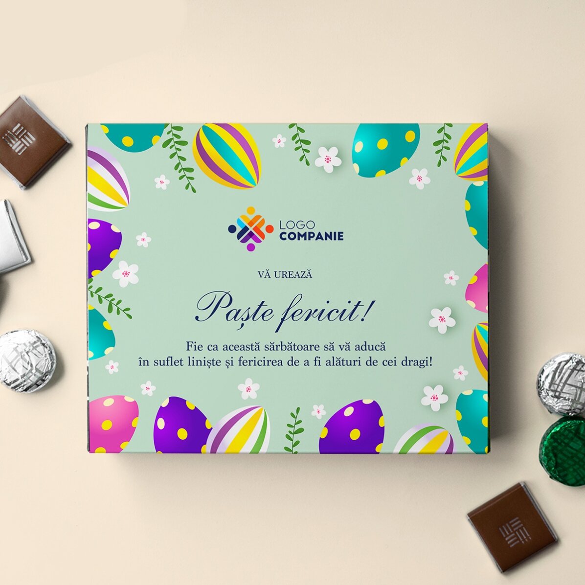 Gepersonaliseerd bonbonnière met logo en boodschap - Fijne Pasen!