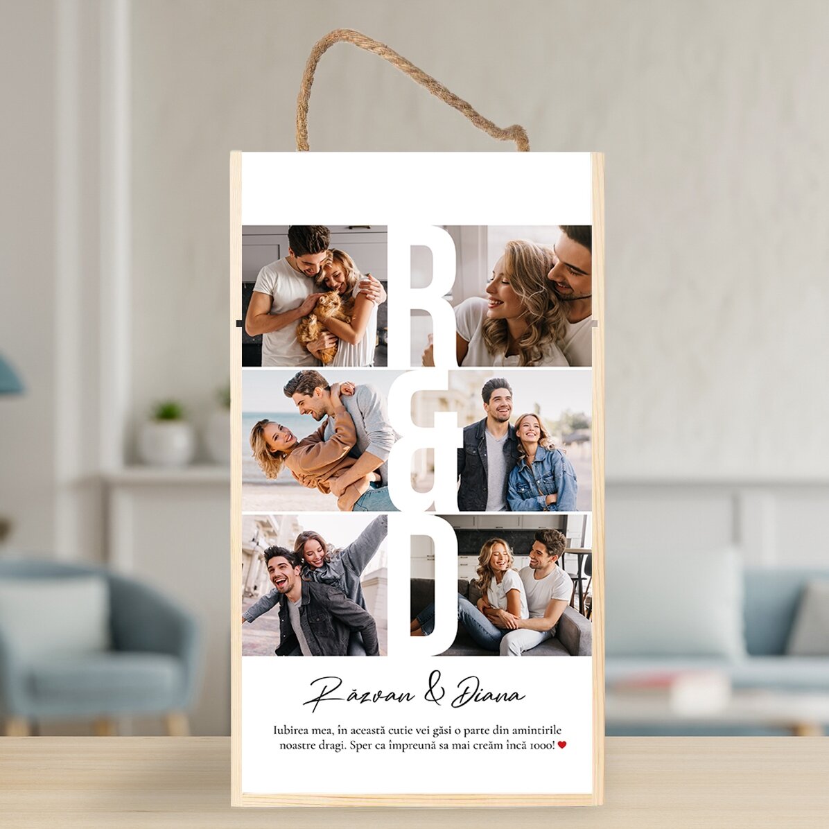 Coffret cadeau en bois personnalisé avec 6 photos et un message - Souvenirs chers