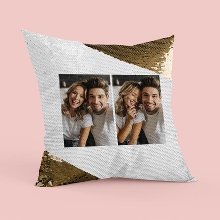 Gepersonaliseerd kussen met 2 portretfoto's - Gouden pailletten