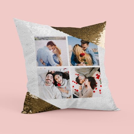 Gepersonaliseerd kussen met 4 foto's - Gouden pailletten