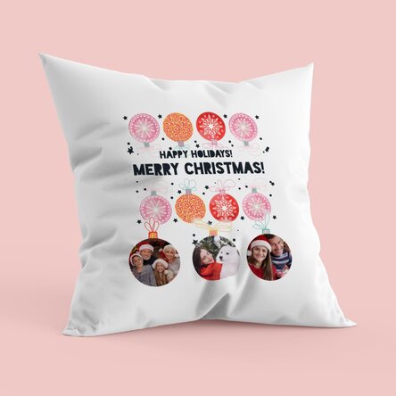 Gepersonaliseerd kussen met drie foto’s en tekst - Kerstballen