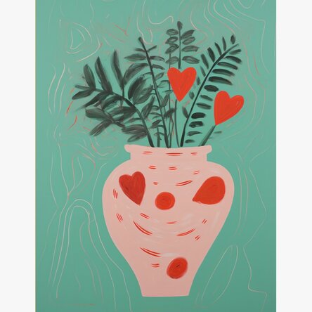 Poster met illustraties van potplanten en getekende hartjes