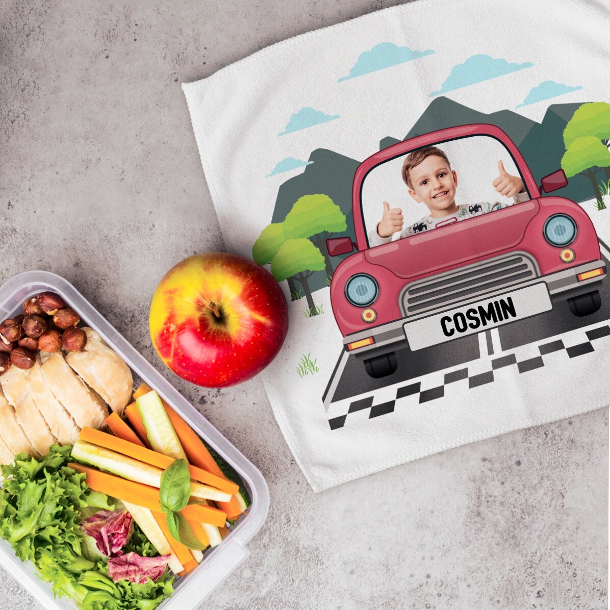 Gepersonaliseerde handdoek met een foto en tekst voor kinderen - Auto