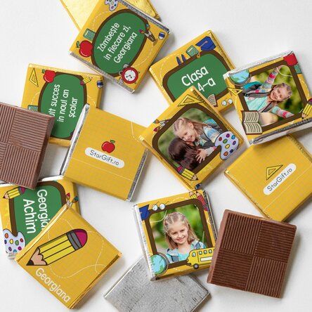 Set van 10 gepersonaliseerde minichocolade met foto's en tekst voor het begin van het schooljaar