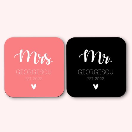 Set van 2 gepersonaliseerde glasonderzetters met tekst - Mrs en Mr