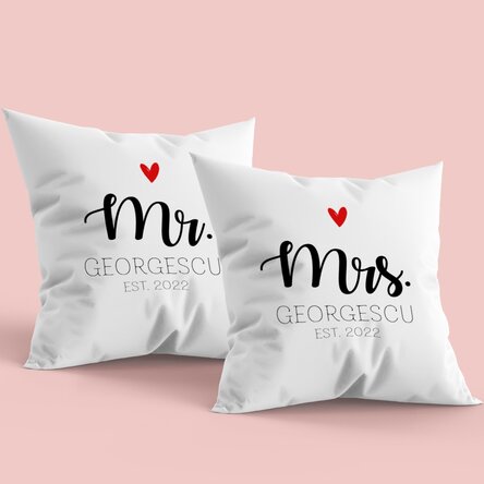 Set van 2 kussens met gepersonaliseerde tekst - Mr & Mrs
