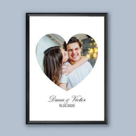 Gepersonaliseerd schilderij met een foto in de vorm van een hart en de tekst: 'Ik hou van je!'