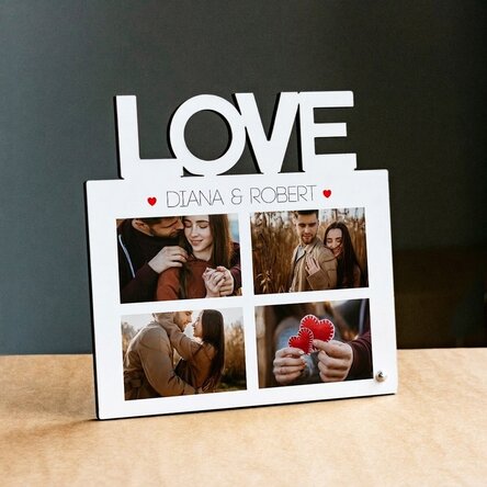 Gepersonaliseerde fotolijst voor op het bureau met 4 foto’s en tekst – model LOVE