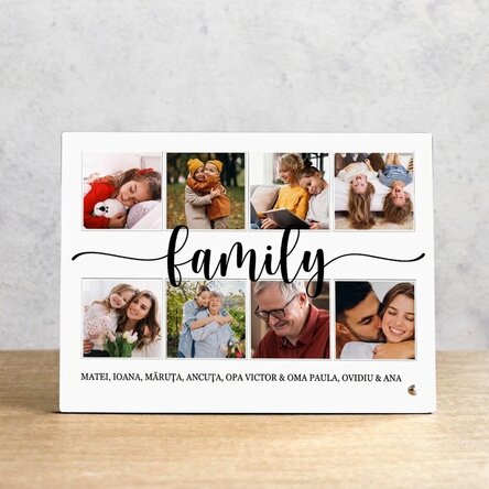Gepersonaliseerde fotolijst voor op het bureau met 8 foto’s en tekst - familie