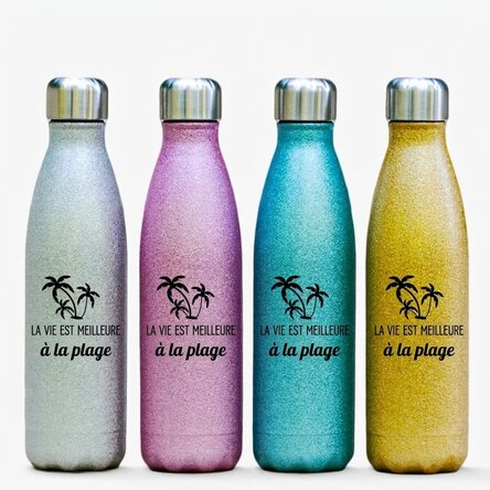Thermos à paillettes personnalisé avec inscription - « Life is better at the beach »