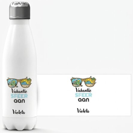 Thermosfles met witte bodem, gepersonaliseerd met naam - Vacation mood ON