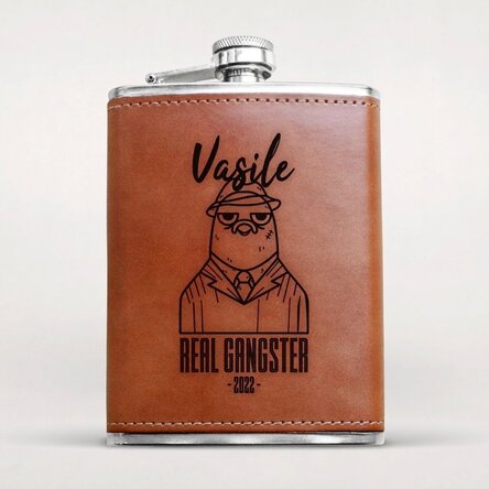 Zakfles met leren hoes, gepersonaliseerd met naam - Gangster