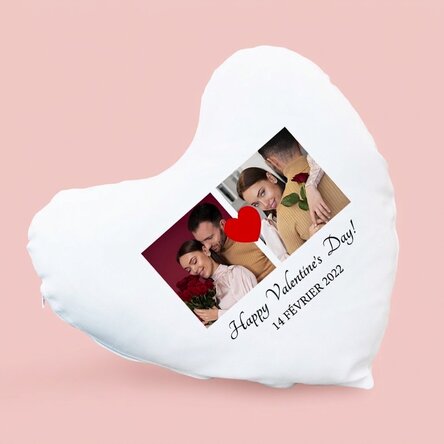 Coussin personnalisé en forme de cœur avec 2 photos et un texte