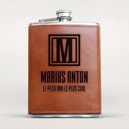 Flacon de poche gainé de cuir, personnalisé avec un message et un monogramme - Monogramme