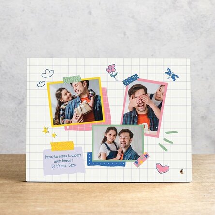 Cadre photo de bureau personnalisé avec 3 photos et un message - Papa, mon héros