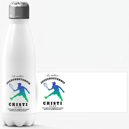 Thermos à base blanche personnalisé avec un nom et un texte - Joueur de tennis