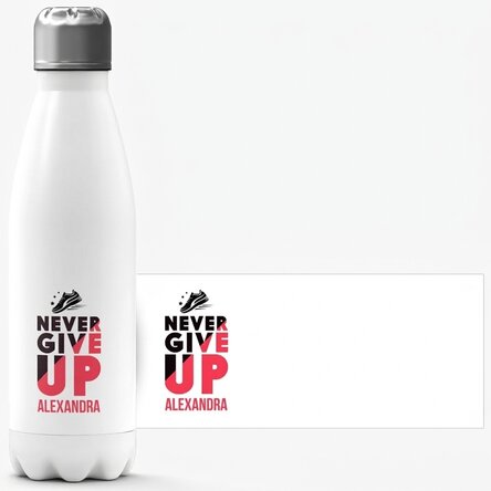 Gepersonaliseerde thermosfles met witte bodem en naam - Never give up