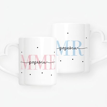 Tasses pour couple personnalisées avec un texte et une date - MRS & MR - modèle avec anse en forme d