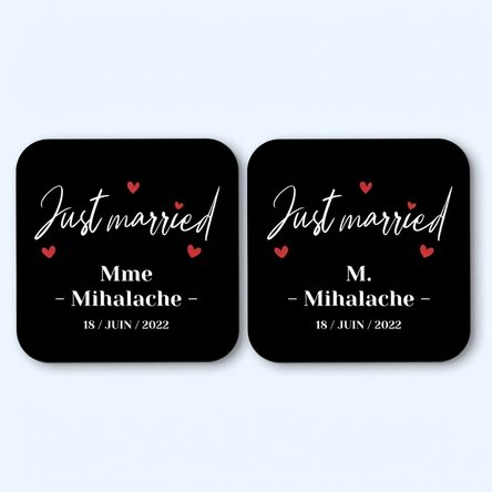 Lot de 2 sous-verres personnalisés avec l'inscription « Just Married »