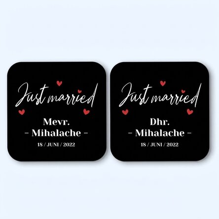 Set van 2 gepersonaliseerde glasonderzetters met tekst - Just Married