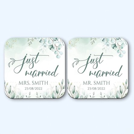 Lot de 2 sous-verres personnalisés avec le texte « Just Married Elegance »