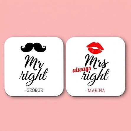 Lot de 2 sous-verres personnalisés avec un texte - Mr and Mrs Right
