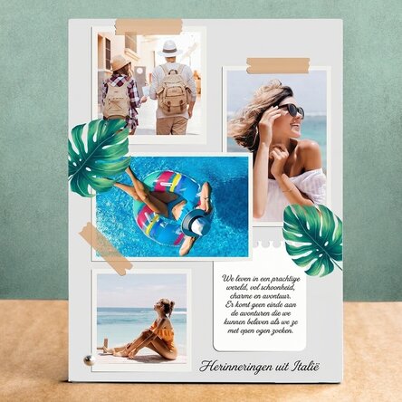 Gepersonaliseerde fotolijst voor op het bureau met 4 foto’s en tekst - Vakantieherinneringen