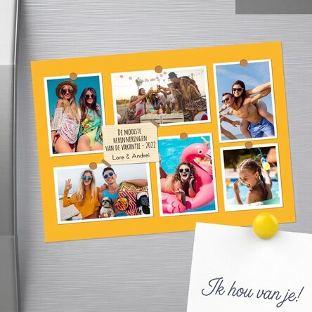 Gepersonaliseerde magneet van 18 x 13 cm met 6 foto’s en tekst - Herinneringen