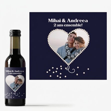 Mini-bouteille de vin personnalisée avec une photo en forme de cœur nacré