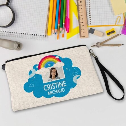 Trousse d'école personnalisée avec photo et texte - Modèle arc-en-ciel