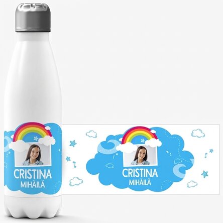 Thermosfles met witte bodem, gepersonaliseerd met een foto en een naam - Regenboogmodel
