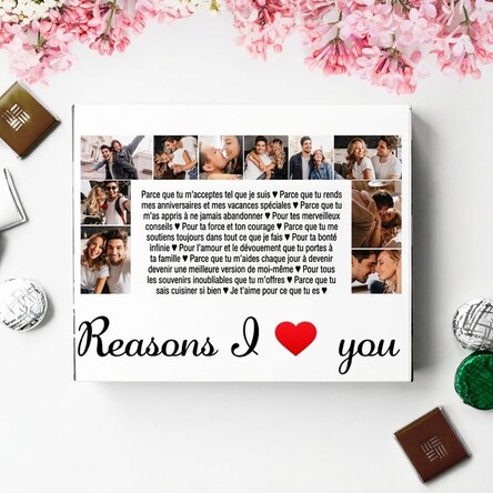 Boîte de bonbons personnalisée avec 20 photos et un texte - « Reasons I love you »