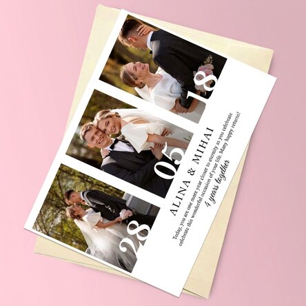Gepersonaliseerde magnetische wenskaart met 3 foto’s en tekst voor een huwelijksverjaardag