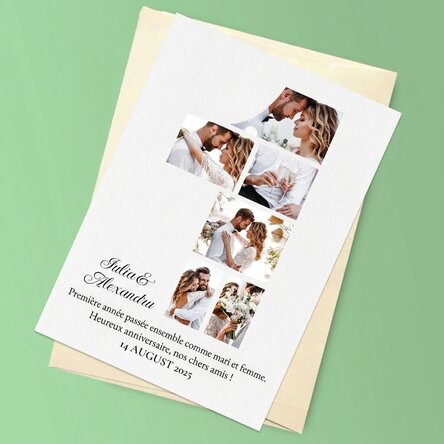 Carte de vœux magnétique personnalisée avec 6 photos et un texte pour le premier anniversaire