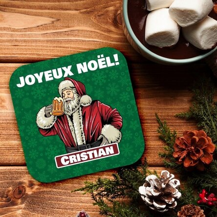Porte-verre personnalisé avec inscription - Le Père Noël et sa bière