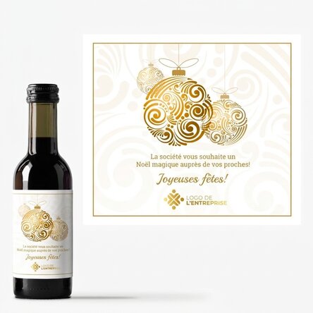 Mini-bouteille de vin personnalisée avec logo et message - Boules de Noël dorées