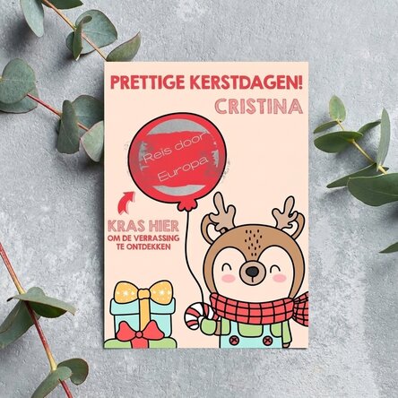 Gepersonaliseerde kraskaart voor Kerstmis - Rendier met ballon