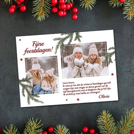 Gepersonaliseerde magnetische kerstkaart met 2 foto's en een kerstboodschap