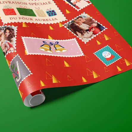 Papier d'emballage cadeau personnalisé avec 4 photos et un texte - Timbres de Noël