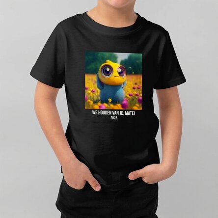 Katoenen T-shirt voor kinderen, gepersonaliseerd met een vierkante foto en tekst