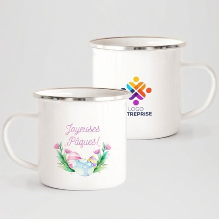 Tasse métallique émaillée personnalisée avec logo et texte - Joyeuses Pâques !
