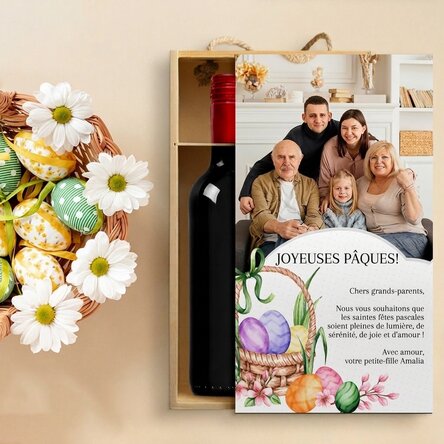 Coffret à vin pour 2 bouteilles, personnalisé avec une photo et un message pour Pâques