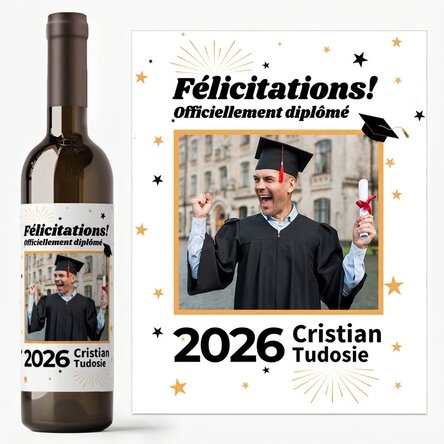 Vin personnalisé avec une photo et un texte - Diplômé officiel