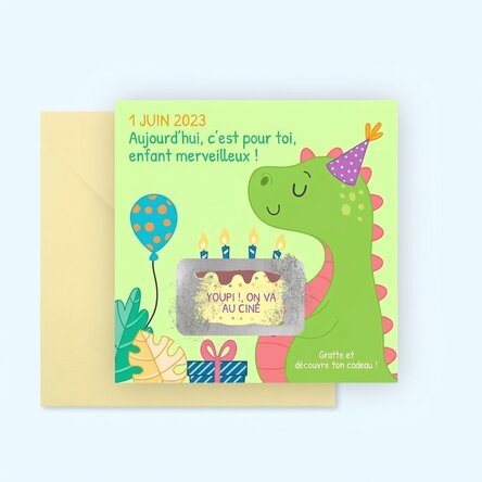 Carte à gratter personnalisée avec un message pour les enfants - Dino