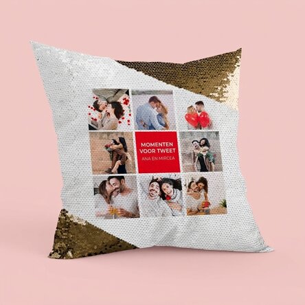 Gepersonaliseerd kussen met 8 foto’s en tekst - Gouden pailletten