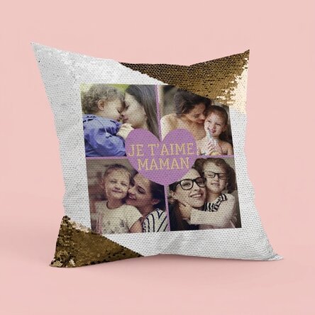 Coussin personnalisé avec 4 photos et un texte - Paillettes dorées