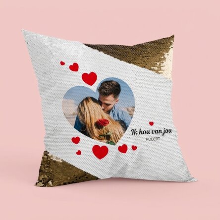Gepersonaliseerd kussen met een foto - P.S. I love you - Gouden pailletten