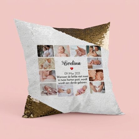 Gepersonaliseerd kussen met 12 foto’s en tekst - Baby Gouden pailletten