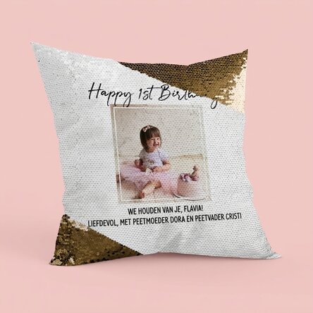 Gepersonaliseerd kussen met een foto en tekst - Happy Birthday - Gouden pailletten